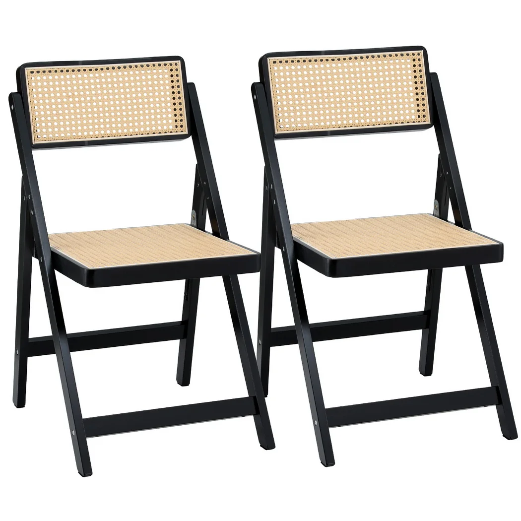 Artiss 2x Dining Chairs Wooden Rattan Foldable Black