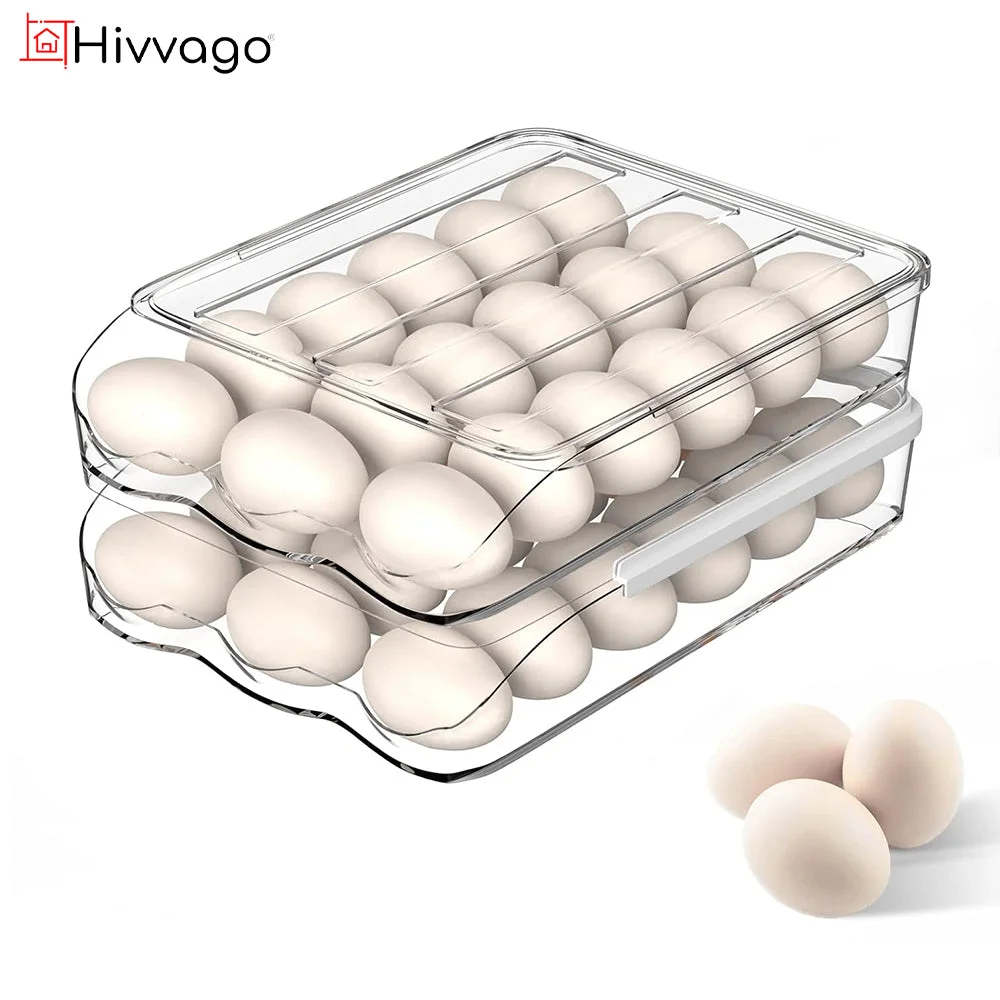 Hivvago 2 Layers Automatic Rolling Clear Egg Refrigerator Organizer with Lid