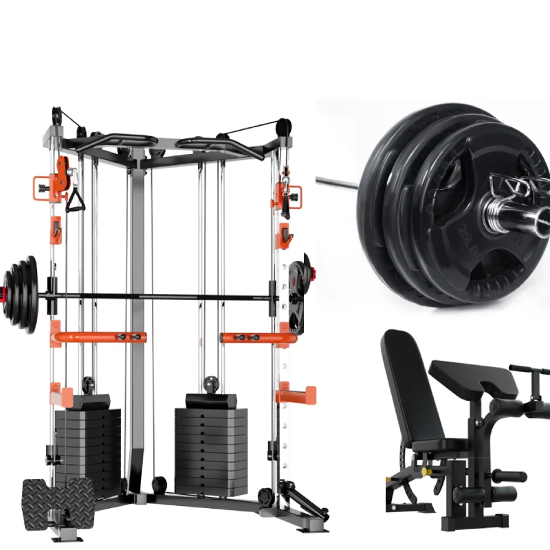 SmartFit C1 Max Multi Functional Cable Crossover Station 130kgs Pin Loaded  Machine + Multi Func Bench+7Ft Olympic Barbell + 100kgs Weights