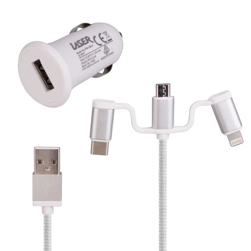 Laser USB Car Charger with 3-in-1 Cable White