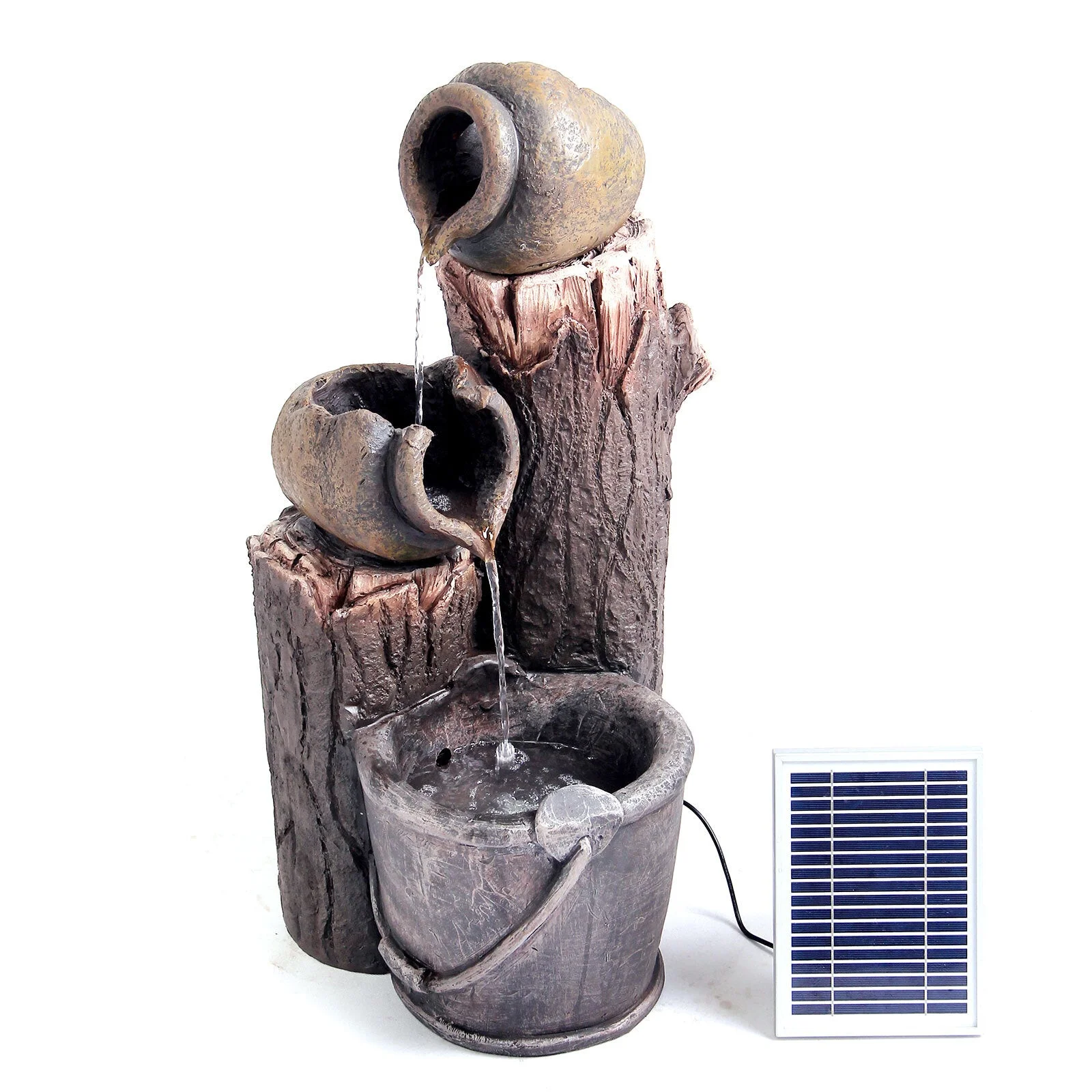 Samland RUSTIC POURING BROKEN POTS ON TREE TRUNK SOLAR WATER FOUNTAIN FEATURE