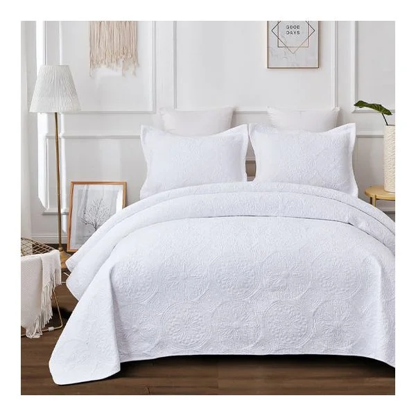 Antique White 100% Cotton Quilted 3 pcs Bedspread Coverlet Set King Single