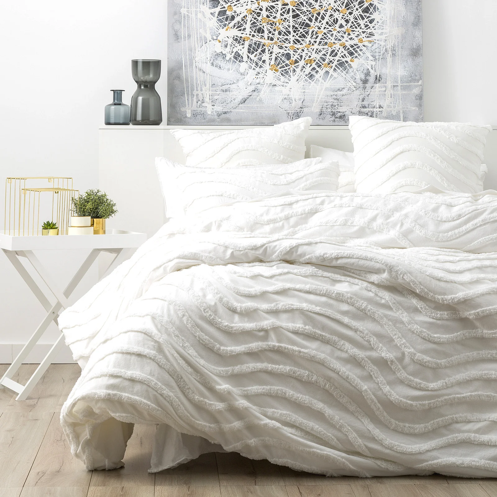 Chenille Wave 100% Cotton Vintage Washed White Tufted Quilt Cover Set by Cloud Linen Queen