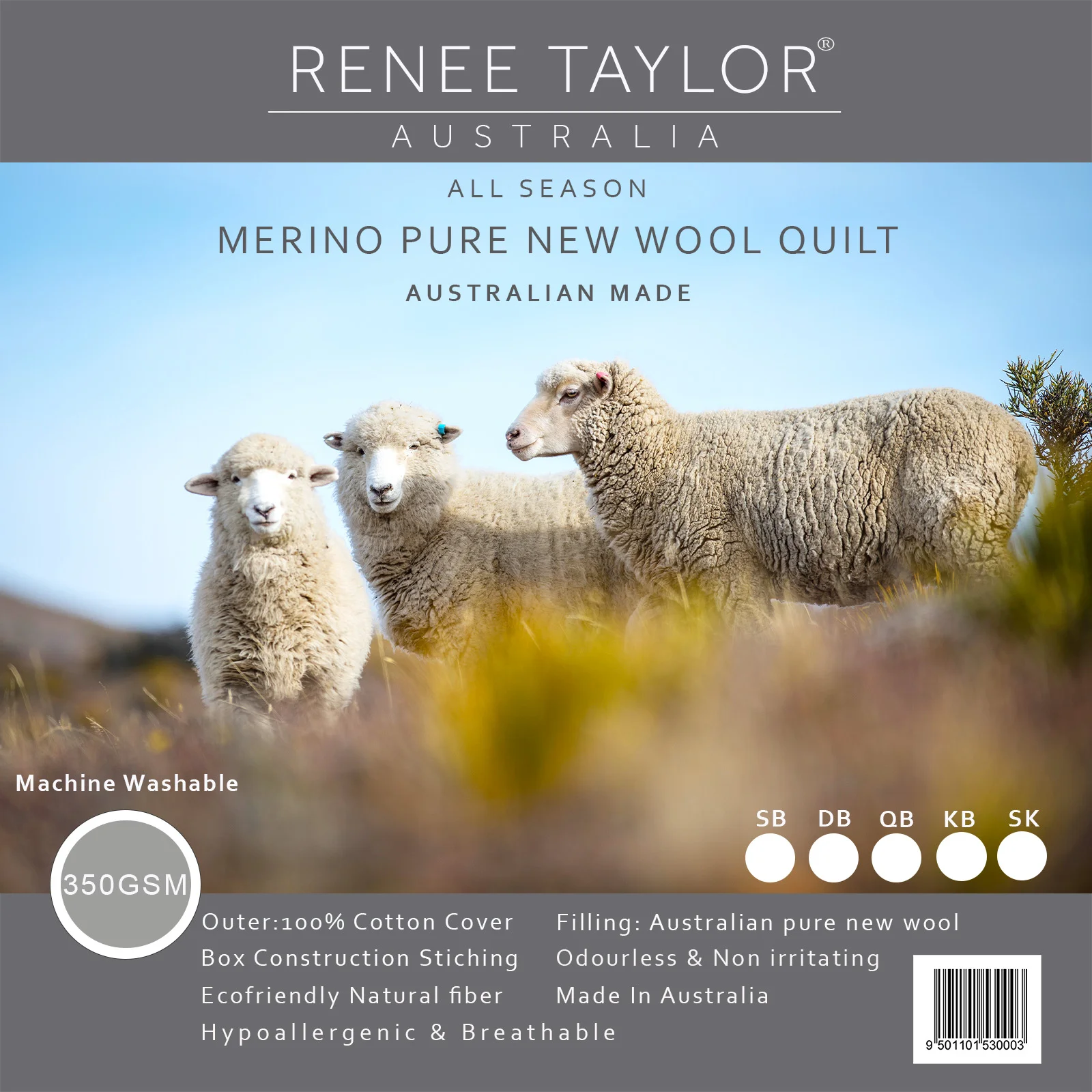 350 GSM Bed Australian Pure Merino Wool Quilt by Renee Taylor Double
