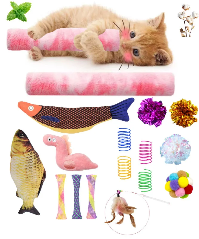 Pet Products Cat Toys,Interactive Kitten Toy for Indoor Kitty Exercise 14 Piece with Fish Catnip Spiral Spring, Tube, Crinkle Balls Helps Reduce Stress & Provide Anxiety Relief for Cats