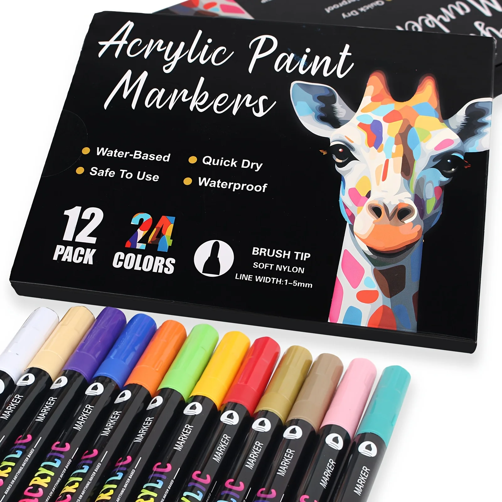 12-Pack Dual-Tip Acrylic Paint Markers, 24 Colors   Double brush tips, dual-color acrylic paint pens   Suitable for use on various surfaces by adults:   stone, wood, rock, canvas, plastic, glass, ceramic, and more.