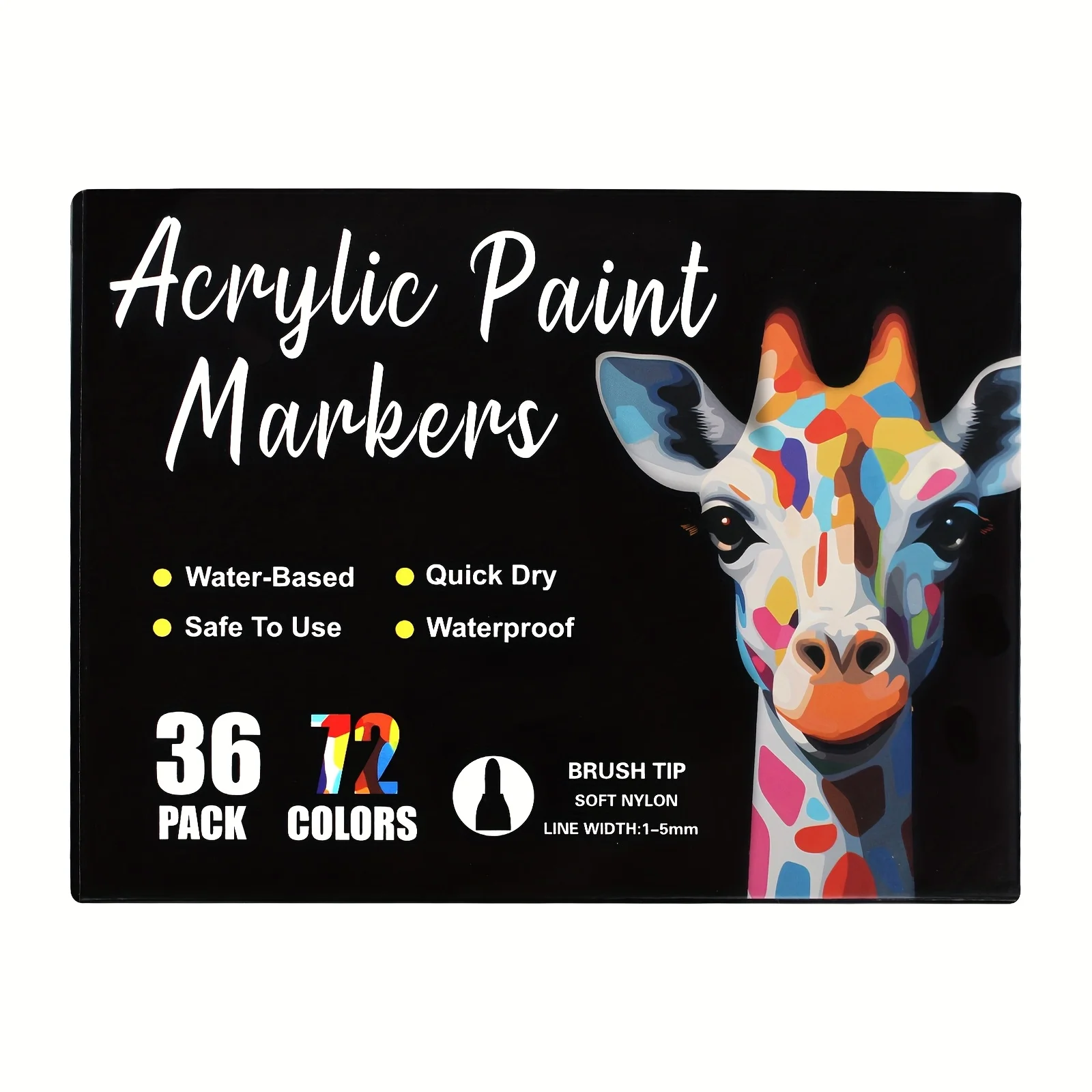 36-Pack Dual-Tip Acrylic Paint Markers, 72 Colors   Double brush tips, dual-color acrylic paint pens   Suitable for use on various surfaces by adults:   stone, wood, rock, canvas, plastic, glass, ceramic, and more.