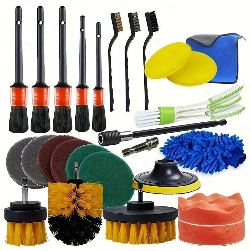 26-piece full function car detailing kit with drill brush and wheel cleaner - Heavy-duty manual and drill-powered cleaning set, color-coded brushes for paint restoration, glass, metal, plastic surfaces - Car washing, polishing, protection - Suitable for h