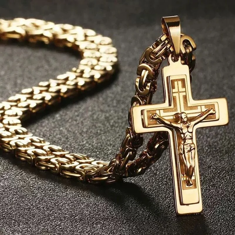 Trident cross men's pendant necklace - gold U-shaped flat chain design, religious style fashion accessory, suitable for daily and formal occasions | high-quality accessory | exquisite men's jewelry