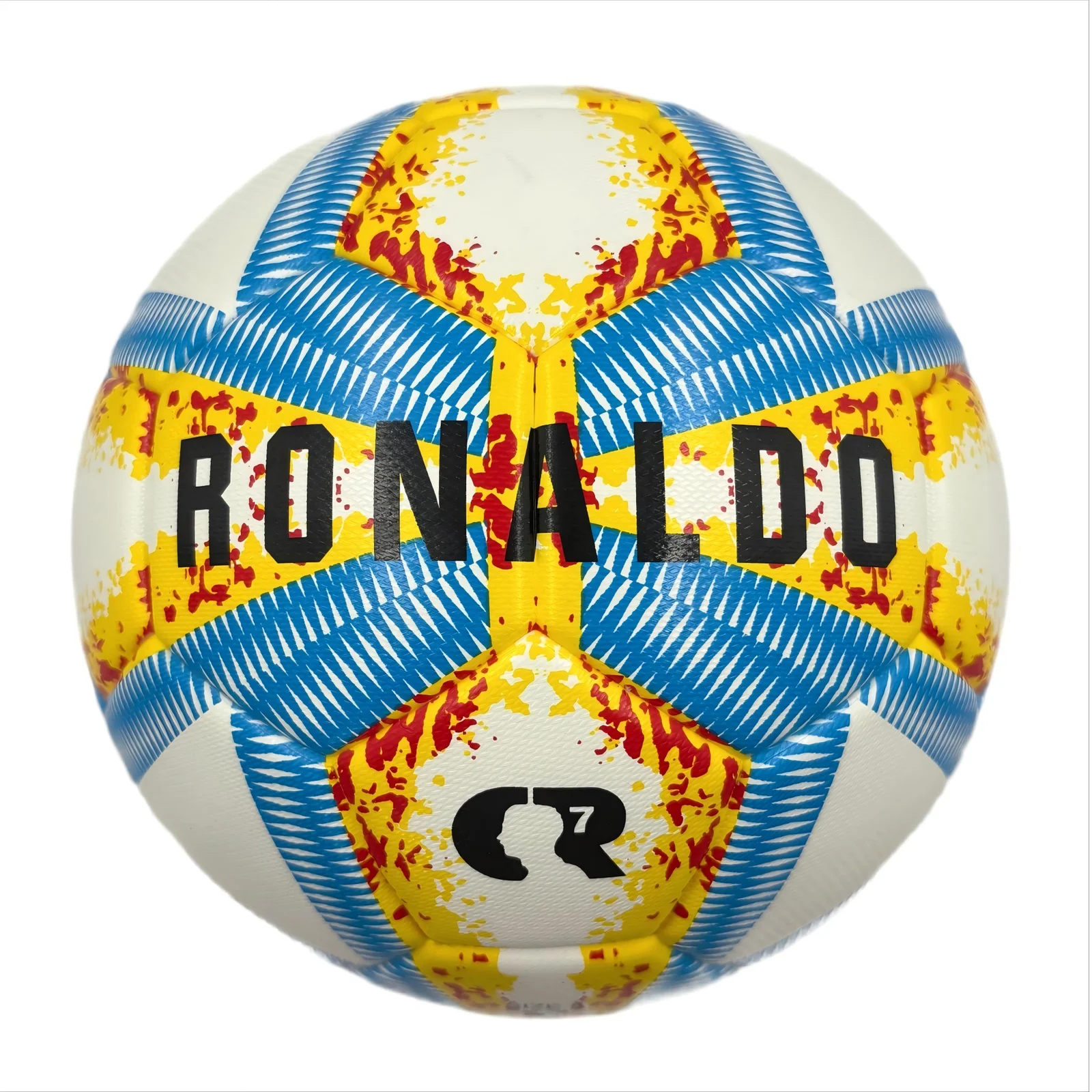 A yellow, blue and red football with color matching size5, PU fitting material, Christmas Boxing Day gift, including pump+air needle+net bag set,soccer