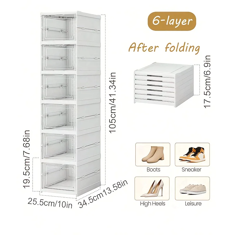 6-Tier Stackable Shoe Storage Box Set, featuring easy-access front-opening waterproof transparent plastic storage bins with no assembly required - perfect for closets and entryways.