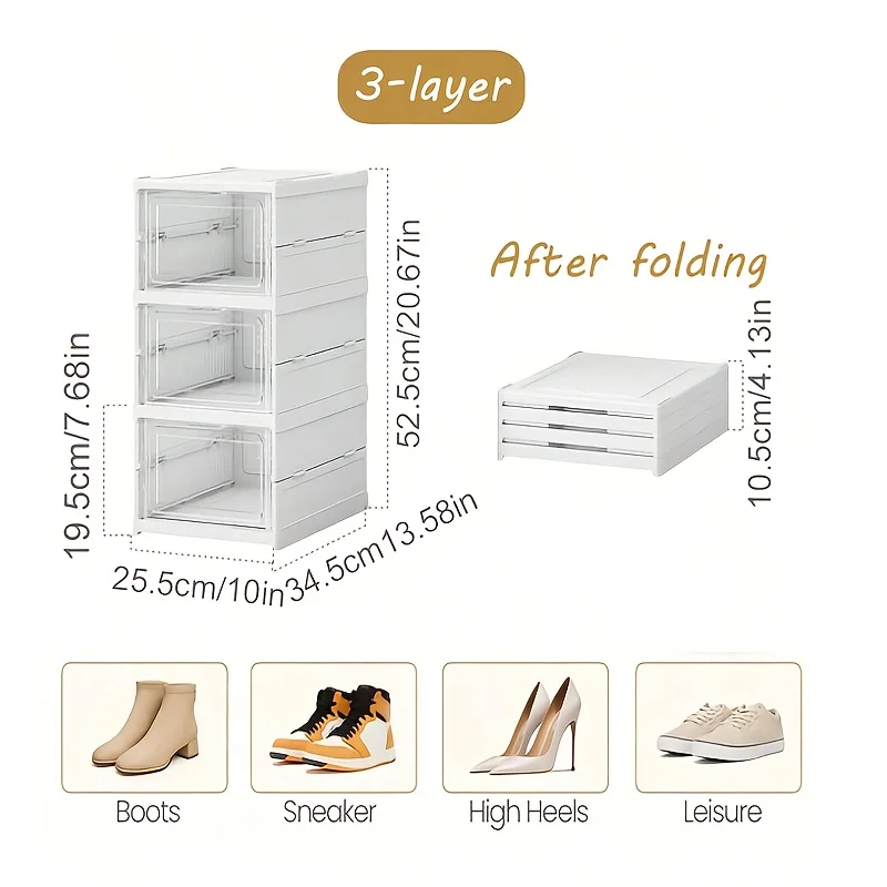 3-Tier Stackable Shoe Storage Box Set, featuring easy-access front-opening waterproof transparent plastic storage bins with no assembly required - perfect for closets and entryways.
