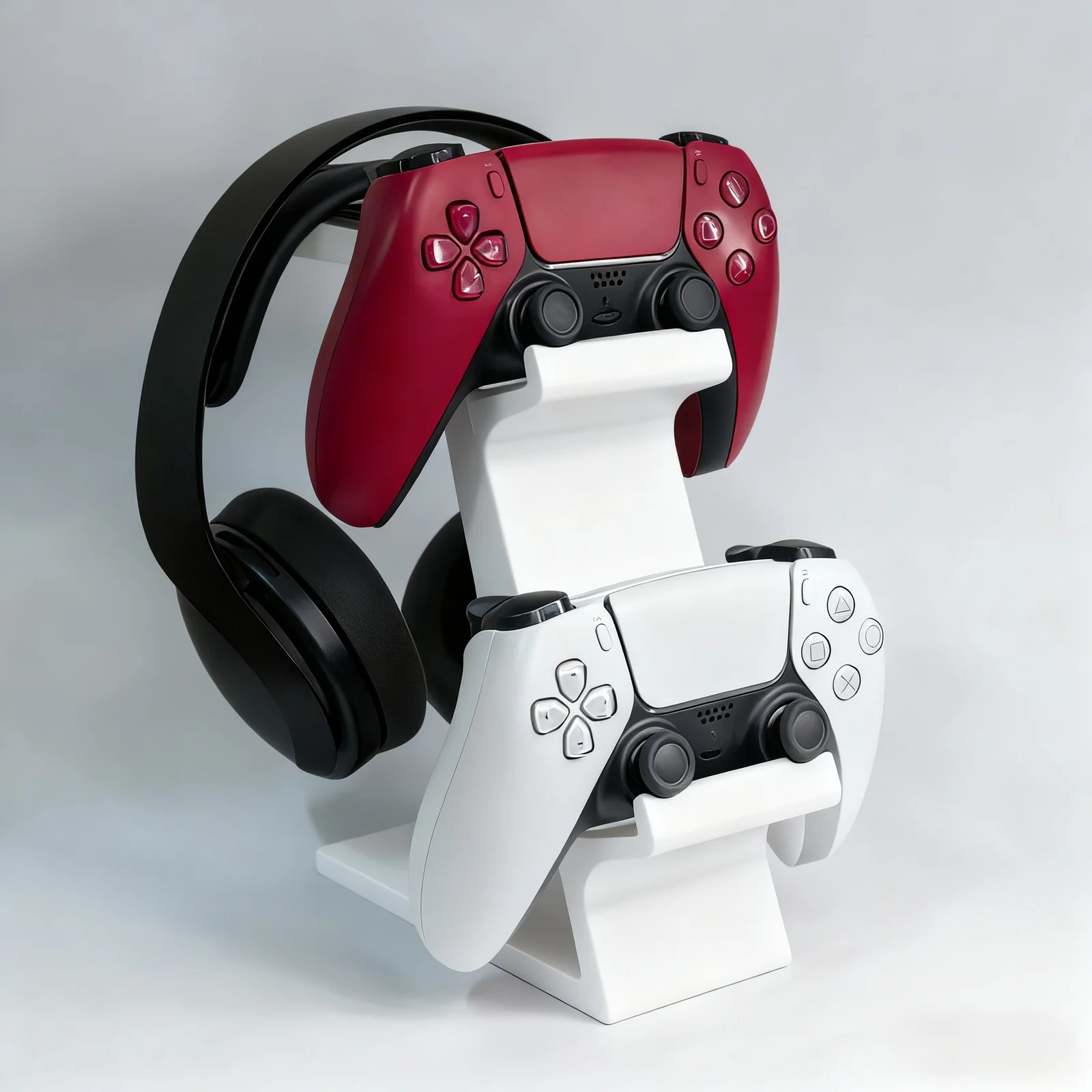 WHITE 3-in-1 PS5 and Xbox Controller Stand – Compatible with PlayStation 5/Xbox Consoles. A gaming desktop organizer with a headphone hanger, non-charging base that holds 2 controllers and headphones. Space-saving white/black console accessory.
