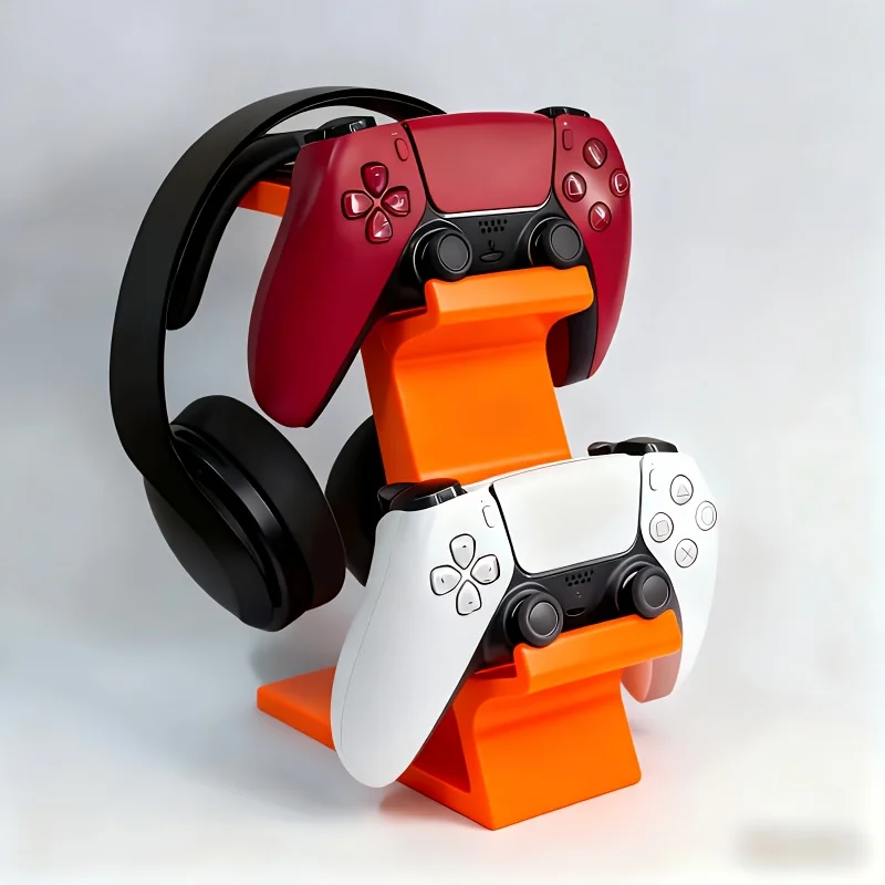 ORANGE 3-in-1 PS5 and Xbox Controller Stand – Compatible with PlayStation 5/Xbox Consoles. A gaming desktop organizer with a headphone hanger, non-charging base that holds 2 controllers and headphones. Space-saving white/black console accessory.