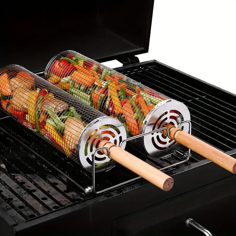 2-Pack Stainless Steel Rotating Grill Baskets with Removable Wooden Handle – Durable 304 Mesh for Veggies, Prawns & More – Perfect for BBQ, Camping & Outdoor Cooking, Great Gift for Dad or Husband