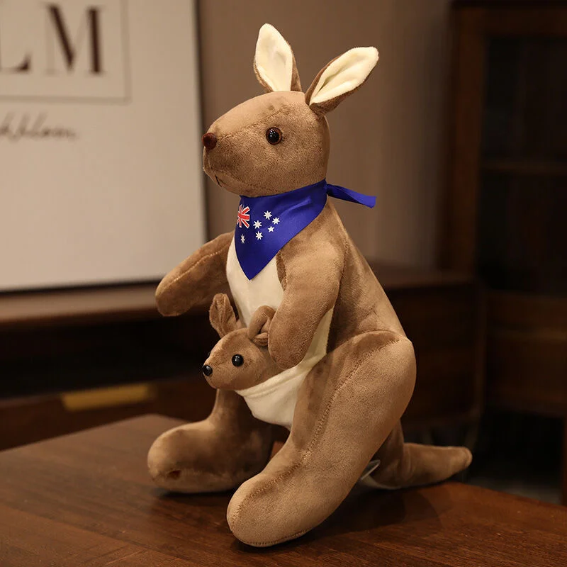Kangaroo Stuffed Animal with Joey in Pouch & Australia Scarf - Soft Cuddly Plush Toy(45cm, Dark brown
)| Other Colors Available in Store