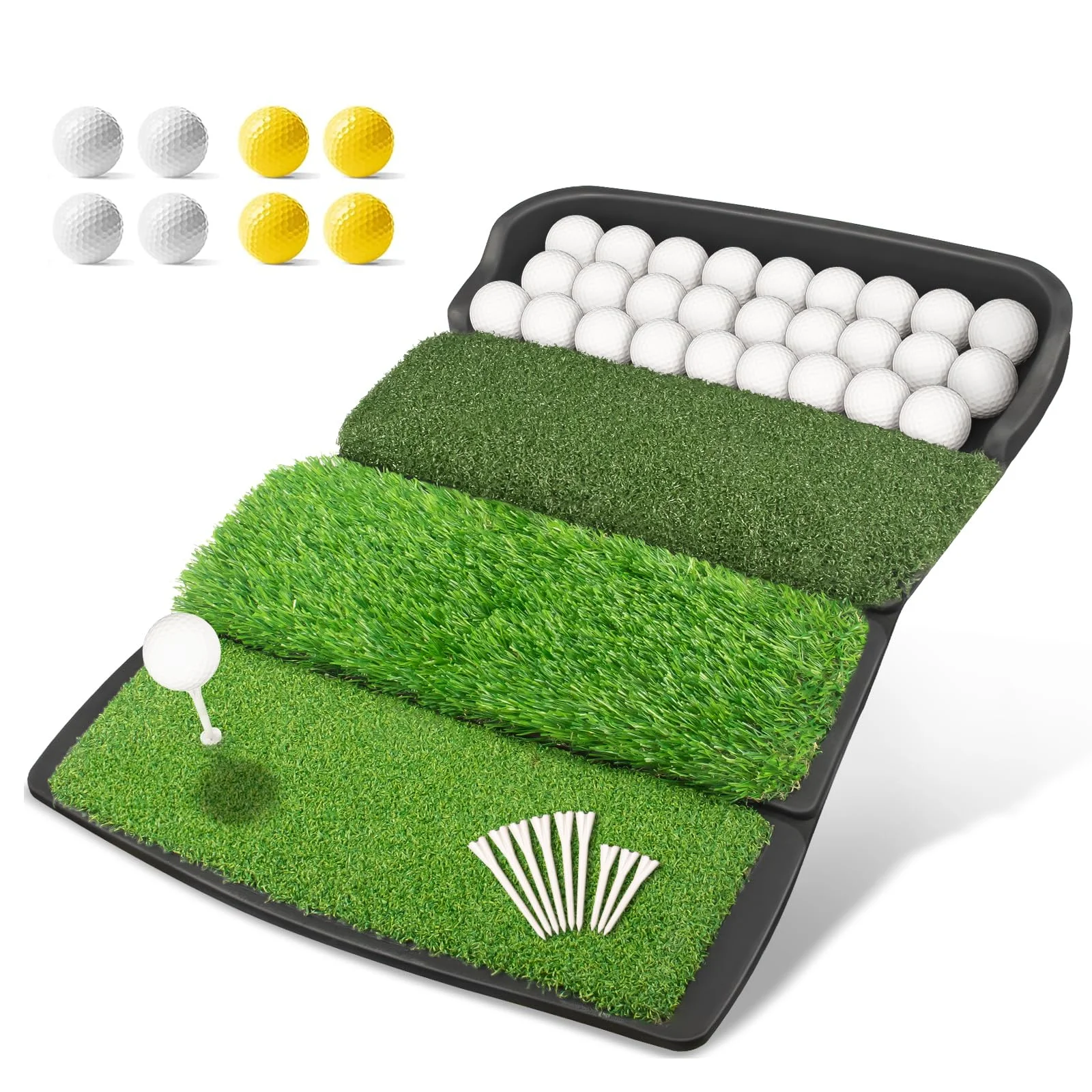 Foldable 4-in-1 Golf Practice Mat with Ball Tray – 24.5x17in Tri-Turf Hitting Pad for Indoor & Outdoor Training, Includes 8 Balls & 9 Tees (Green)