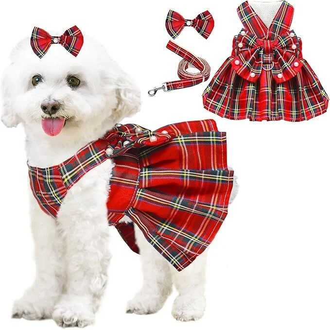 pet products Dog Dress Bowknot Harness Leash Set for Small Dogs Girl Cute Plaid Dog Dress Pearls Bow Tie Spring Summer Princess Clothes Birthday Holiday Doggie Outfits for Puppy Cats Girl Apparel