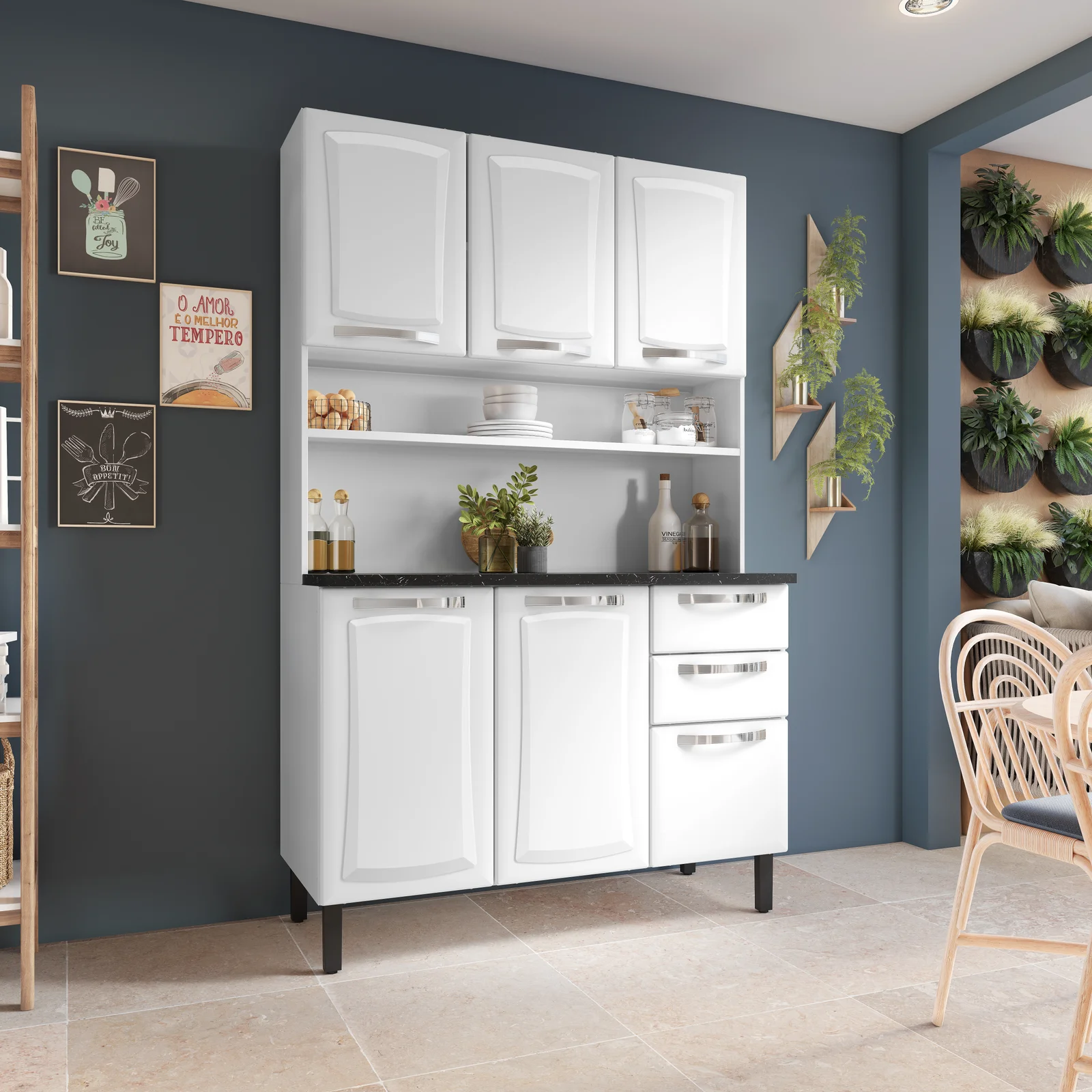 Free Standing Steel Kitchen Cabinet/Cupboard with Countertop Storage - Pratika White Flatpack DIY