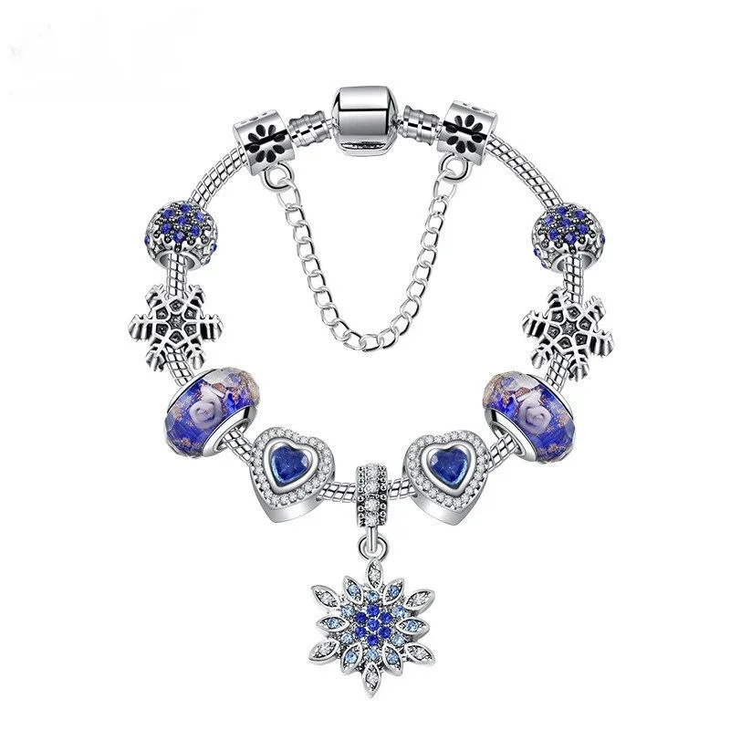 Blue Cat’s Eye & Glass Bead Bracelet – Rhinestone Snowflake Pendant(18cm)