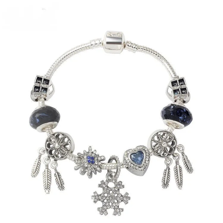 Pandora-Style Rhinestone Blue Cat’s Eye Heart Bracelet: Glass Beads, Dreamcatcher Feather Snowflake(19cm)