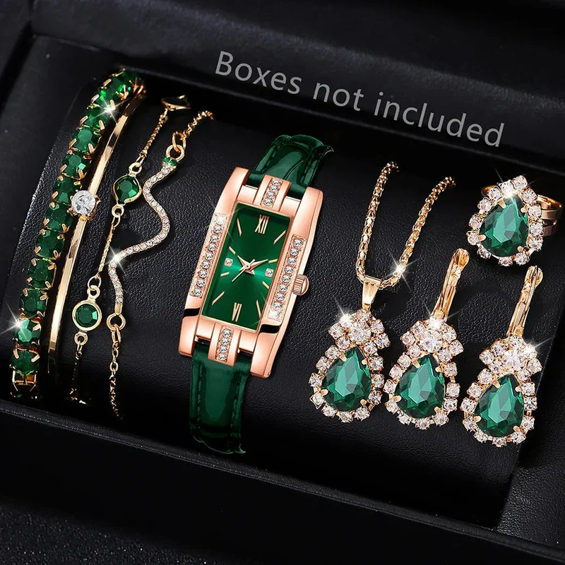 Green Womens Quartz Watch Jewelry Gift Set
