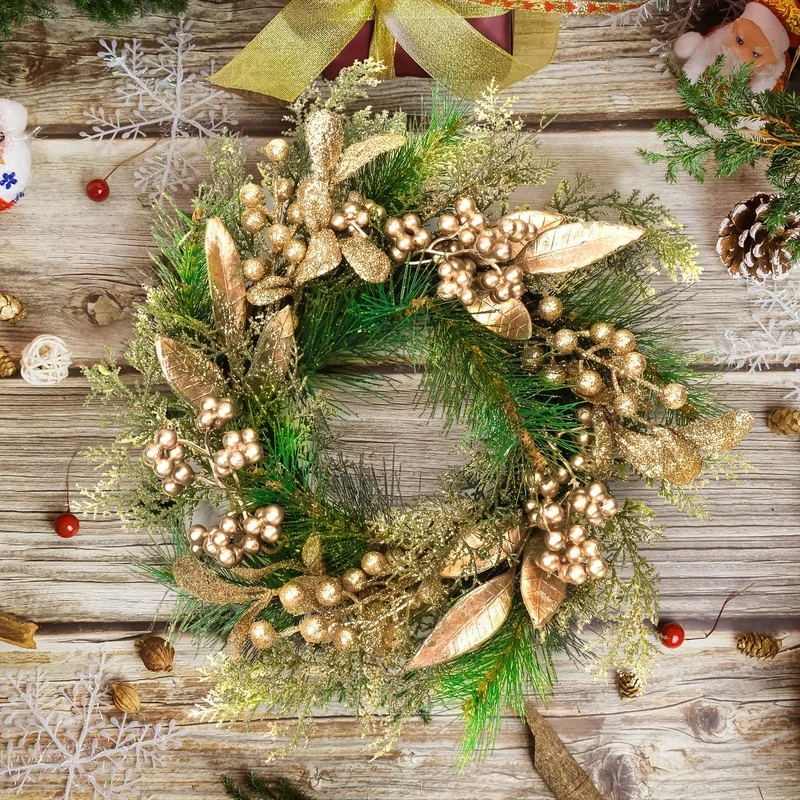 Classic Christmas Wreath Golden Leaves and Berries