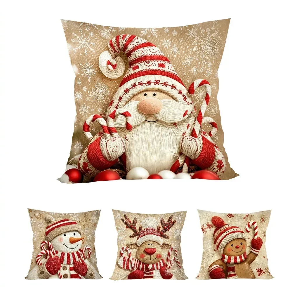 Christmas Cushion Covers Set of 4 Gnome & Gingerbread Man 45x45cm
