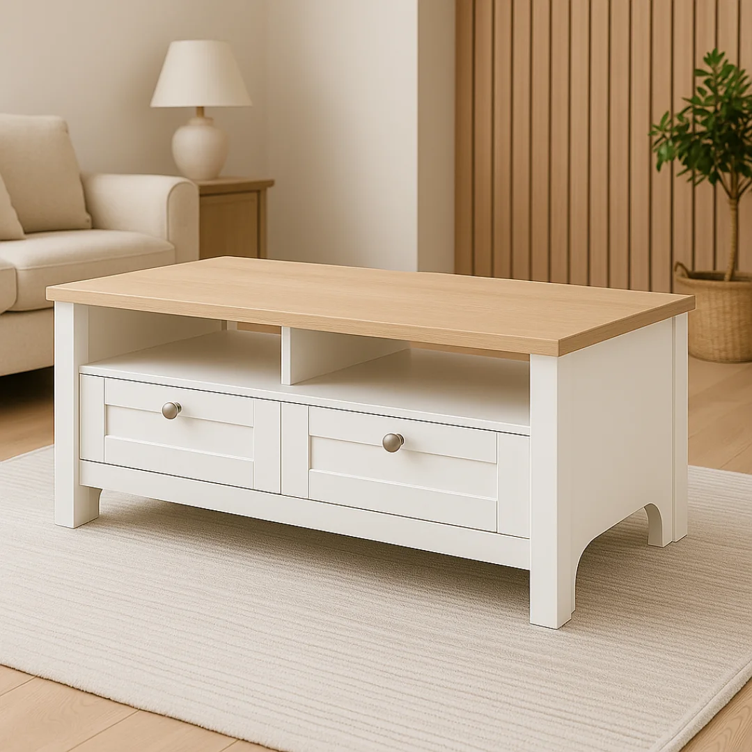Noosa Coffee Table White Oak 2 Shelf and 2 Drawers 