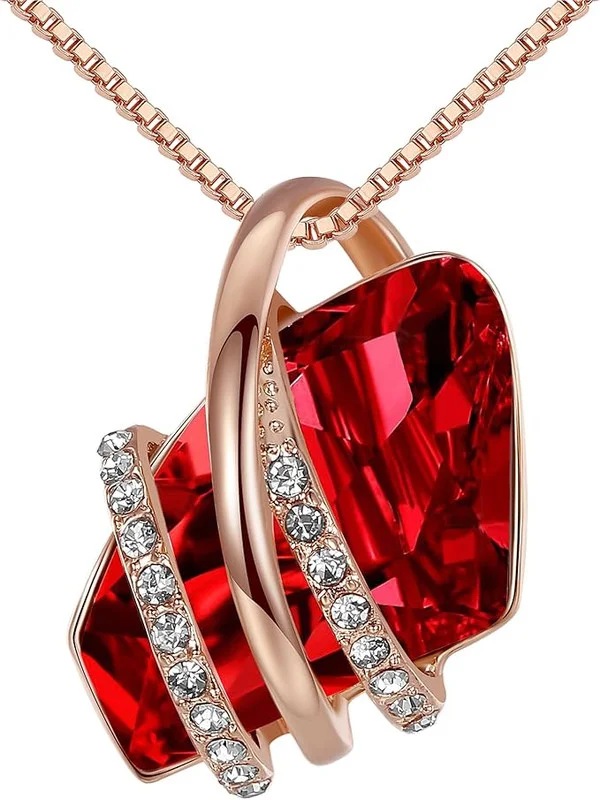 Wish Stone Pendant Necklace, Necklaces for Women with Birthstone Crystals, Allergy-Free Jewelry for Women with Gift Box, 18K Rose Gold Plated or Silver-tone Birthstone Necklace for Women-01-January July Birthstone-Ruby Red