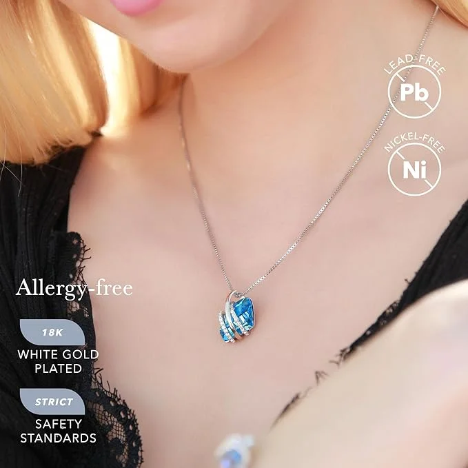 Wish Stone Pendant Necklace, Necklaces for Women with Birthstone Crystals, Allergy-Free Jewelry for Women with Gift Box, 19K Rose Gold Plated or Silver-tone Birthstone Necklace for Women-03-March December Birthstone