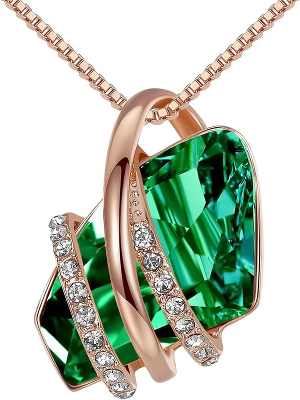 Wish Stone Pendant Necklace, Necklaces for Women with Birthstone Crystals, Allergy-Free Jewelry for Women with Gift Box, 21K Rose Gold Plated or Silver-tone Birthstone Necklace for Women-05-May Birthstone-Emerald Green