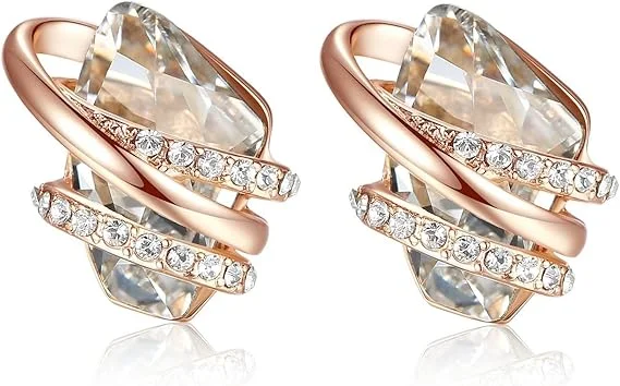 Infinity Love Heart Birthstone Earrings for Women, Crystal Stud Earrings with Healing Stones, Allergy-Free Jewelry for Women with Gift Box, Silver-tone Birthstone Crystals Earrings-04-April Birthstone-Clear White