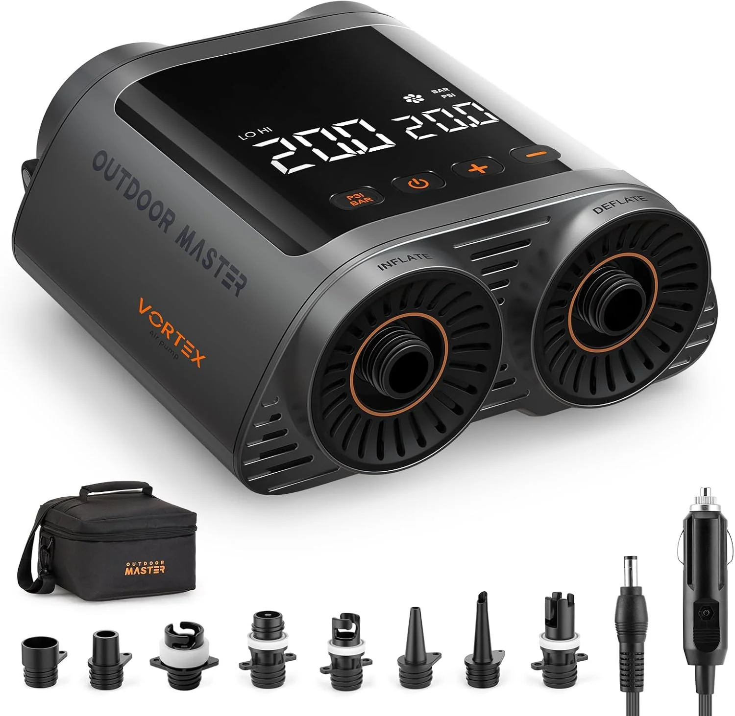 OutdoorMaster Vortex Paddle Board Pump Electric Portable, Max 20PSI SUP Air Pump Inflator & Deflator, 12V/15.8V DC Input, Auto Off & Cooling, 8 Nozzles Pump for Paddle Board, Inflatables - No Battery