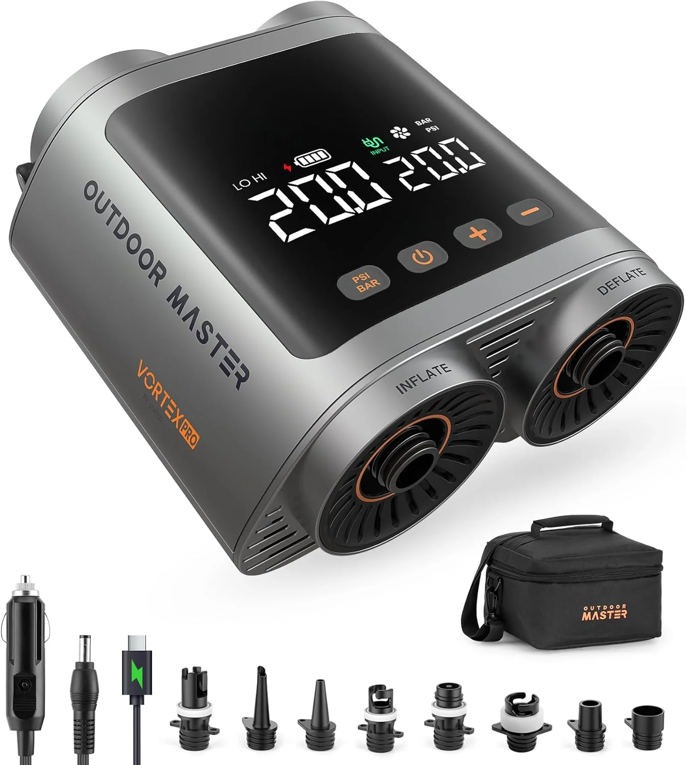 OutdoorMaster Vortex Pro 57.7Wh Rechargeable Paddle Board Pump Portable, Electric SUP Pump Battery for 3 SUPs Inflation & Deflation, Max 20PSI 12V/15.8V DC & Type-C Input, 8 Nozzles for Inflatables