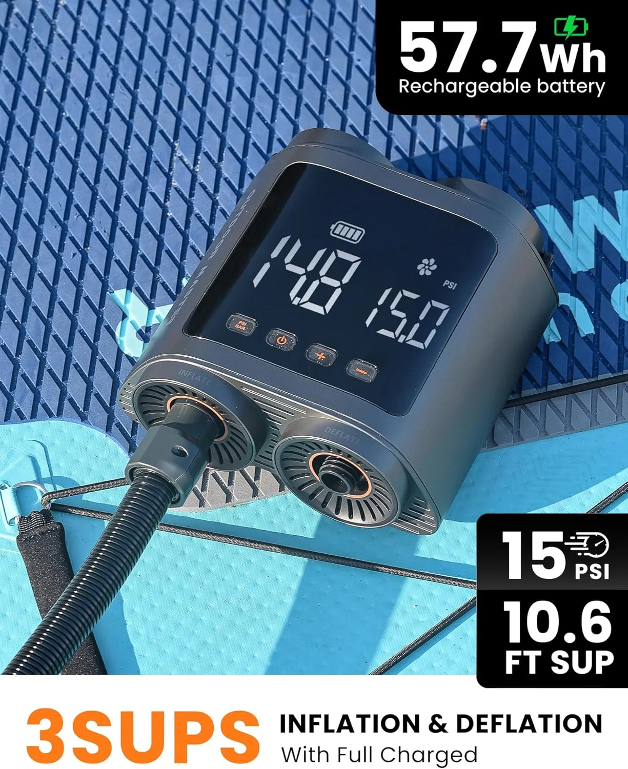 OutdoorMaster Vortex Pro 57.7Wh Rechargeable Paddle Board Pump Portable, Electric SUP Pump Battery for 3 SUPs Inflation & Deflation, Max 20PSI 12V/15. thumbnail 3