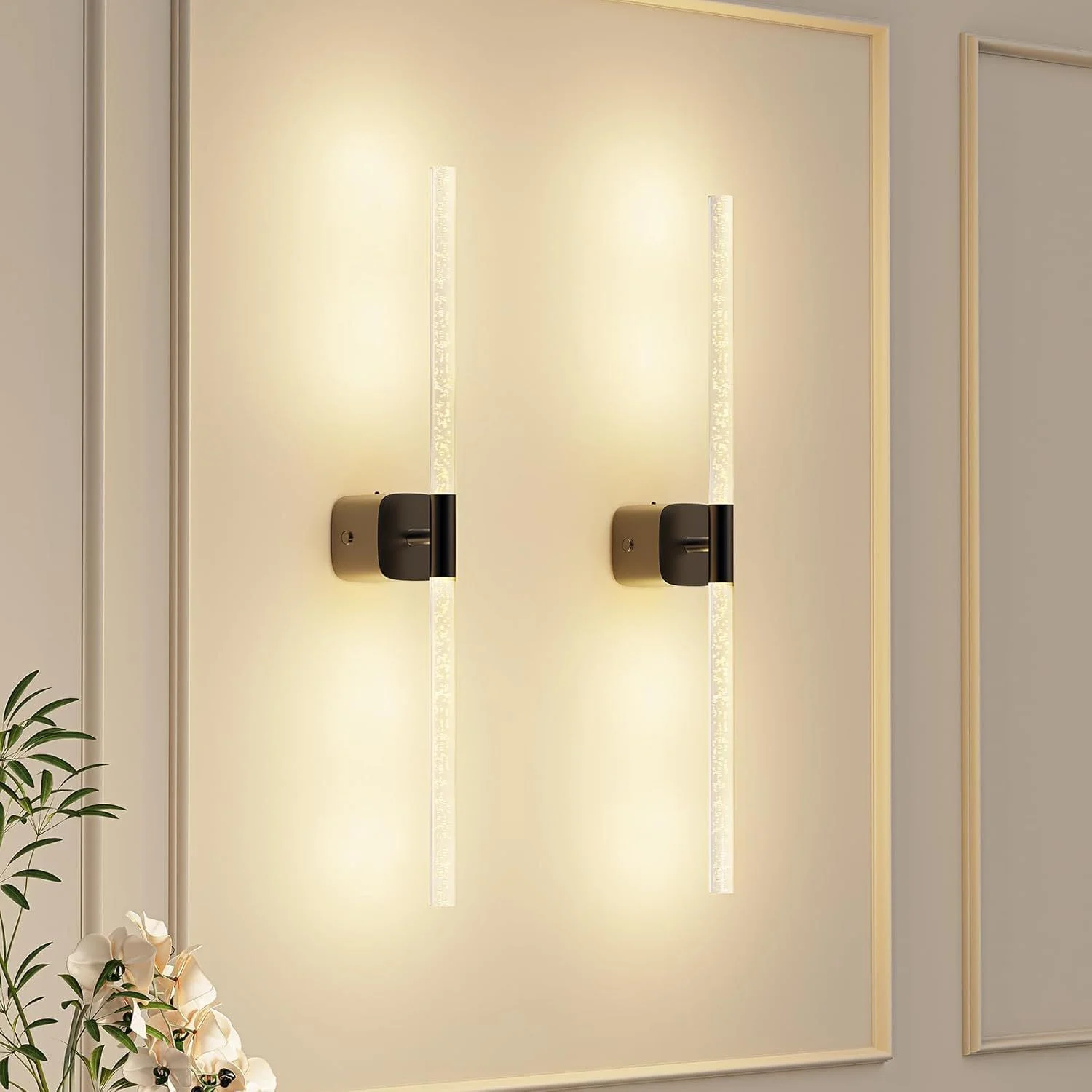 Black Battery Operated Wall Sconce Set of 2, Rechargeable Wireless Wall Lights with Remote and Touch, 360° Rotatable Sconces Wall Decor for Bedroom Living Room (23.62 Inch, 2-Pack)