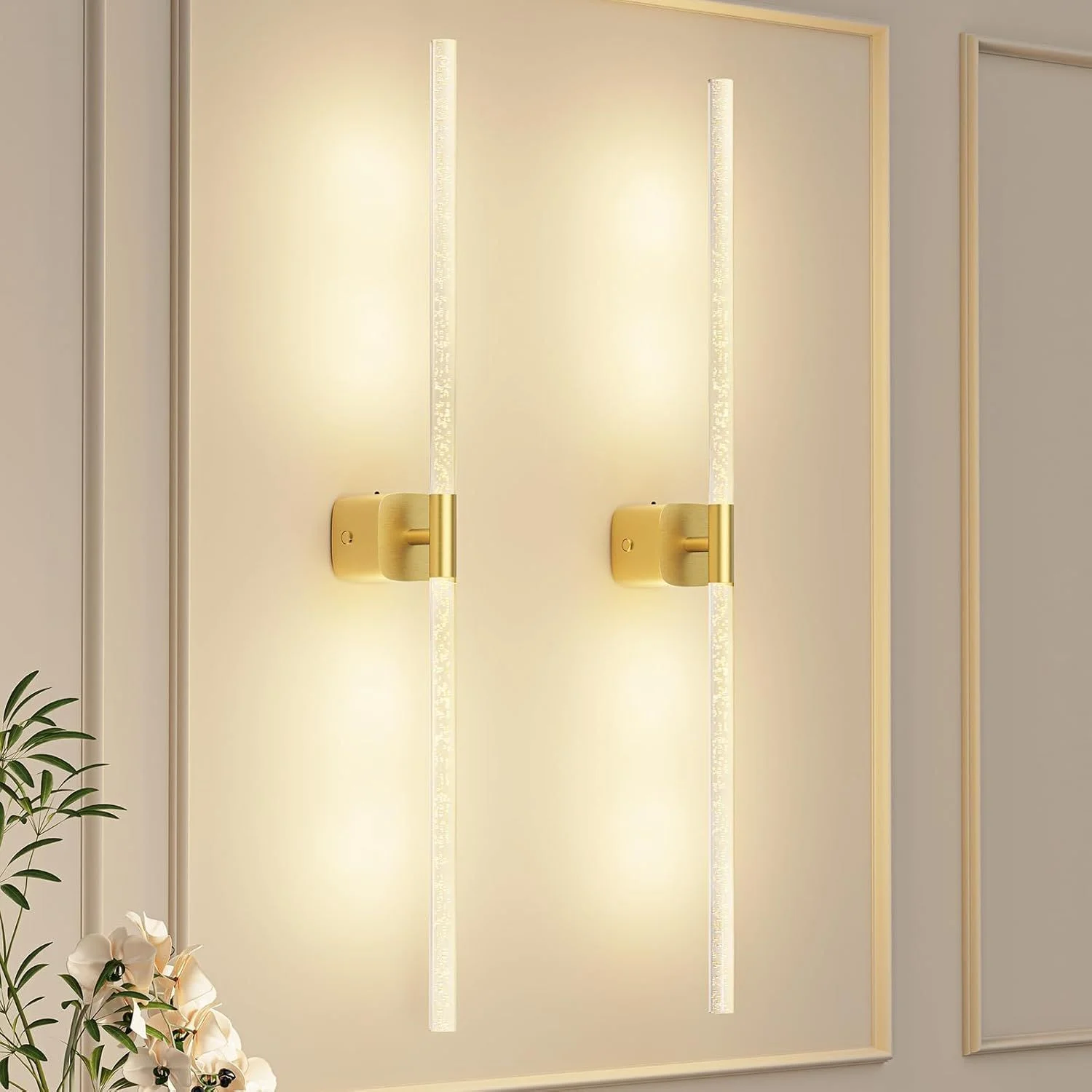 Gold Battery Operated Wall Sconce Set of 2, Rechargeable Wireless Wall Lights with Remote and Touch, 360° Rotatable Sconces Wall Decor for Bedroom Living Room (31.49 Inch, 2-Pack)
