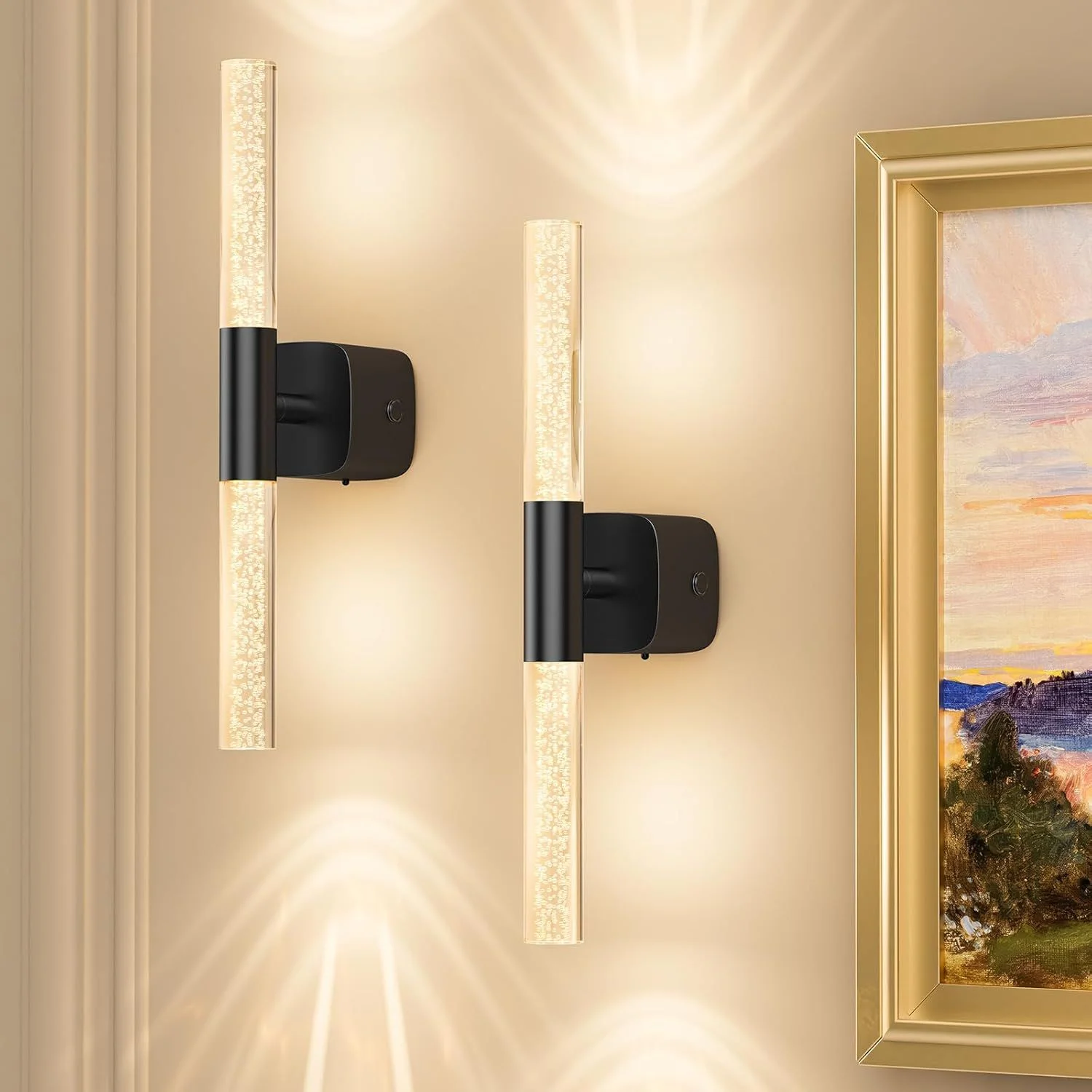 Battery Operated Wall Sconce Set of 2 Black Rechargeable Crystal Sconce Wall Decor Set of 2 with 12000mAh 16" CCT Dimmable 350° Rotate Remote Wireless Wall Light for Bedroom Living Room