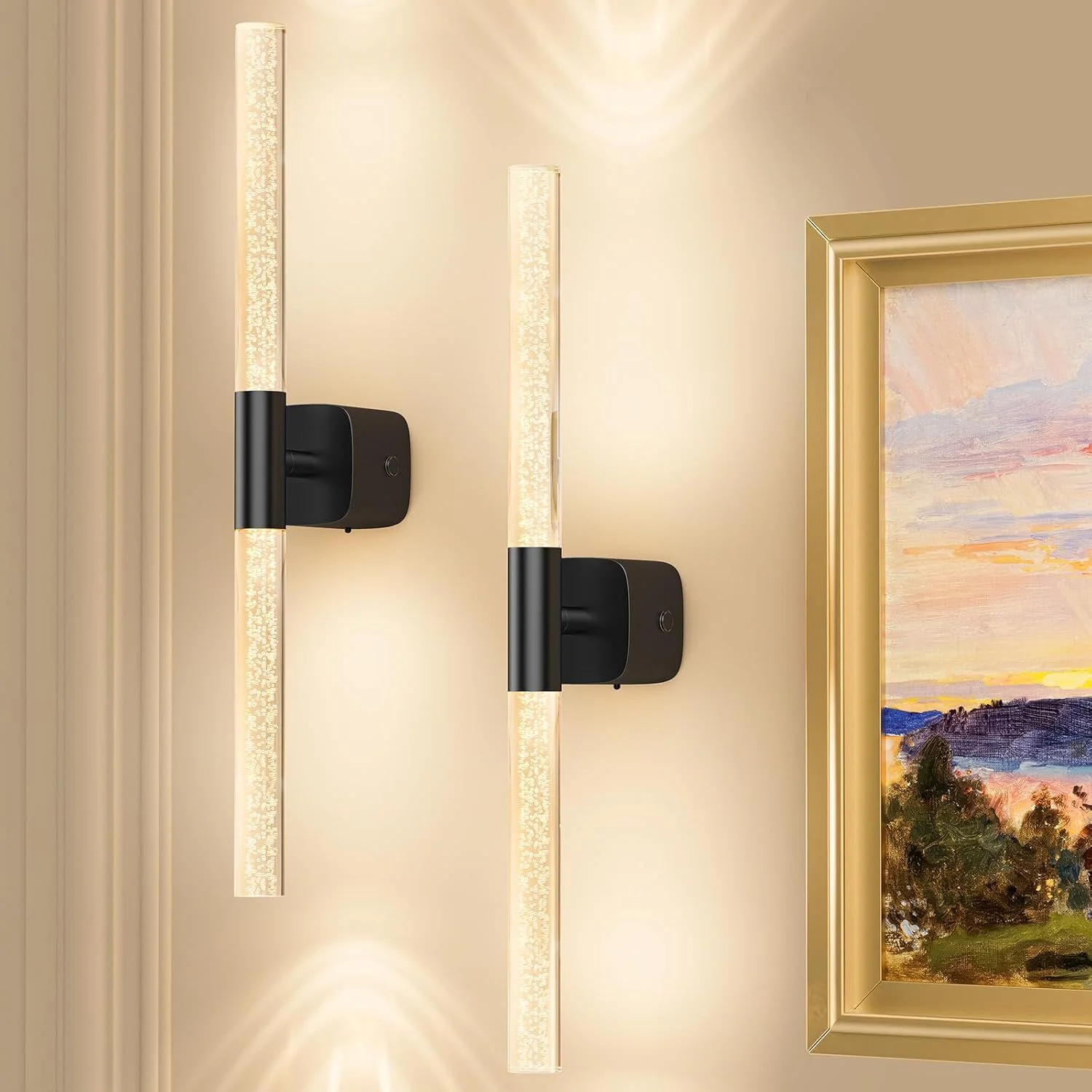 Battery Operated Wall Sconce Set of 2 Black Rechargeable Acrylic Crystal Sconce Wall Decor Set of 2 with 12000mAh CCT Dimmable 350° Rotate Remote Wireless Wall Light for Bedroom Living Room
