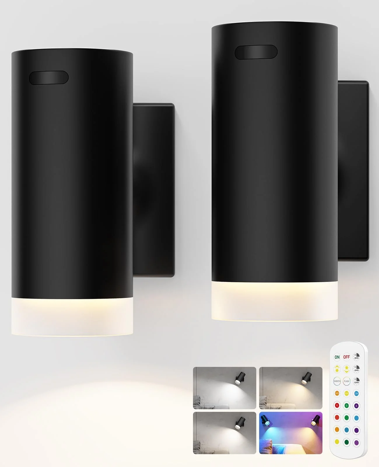 Battery Operated Wall Lights 2 Pack Rechargeable Wall Lights Indoor Touch Dimmable with Remote Control,Magnetic Wall Sconce Lights Battery Black Wireless LED Decor Lighting 3000mAh [Energy Class F]