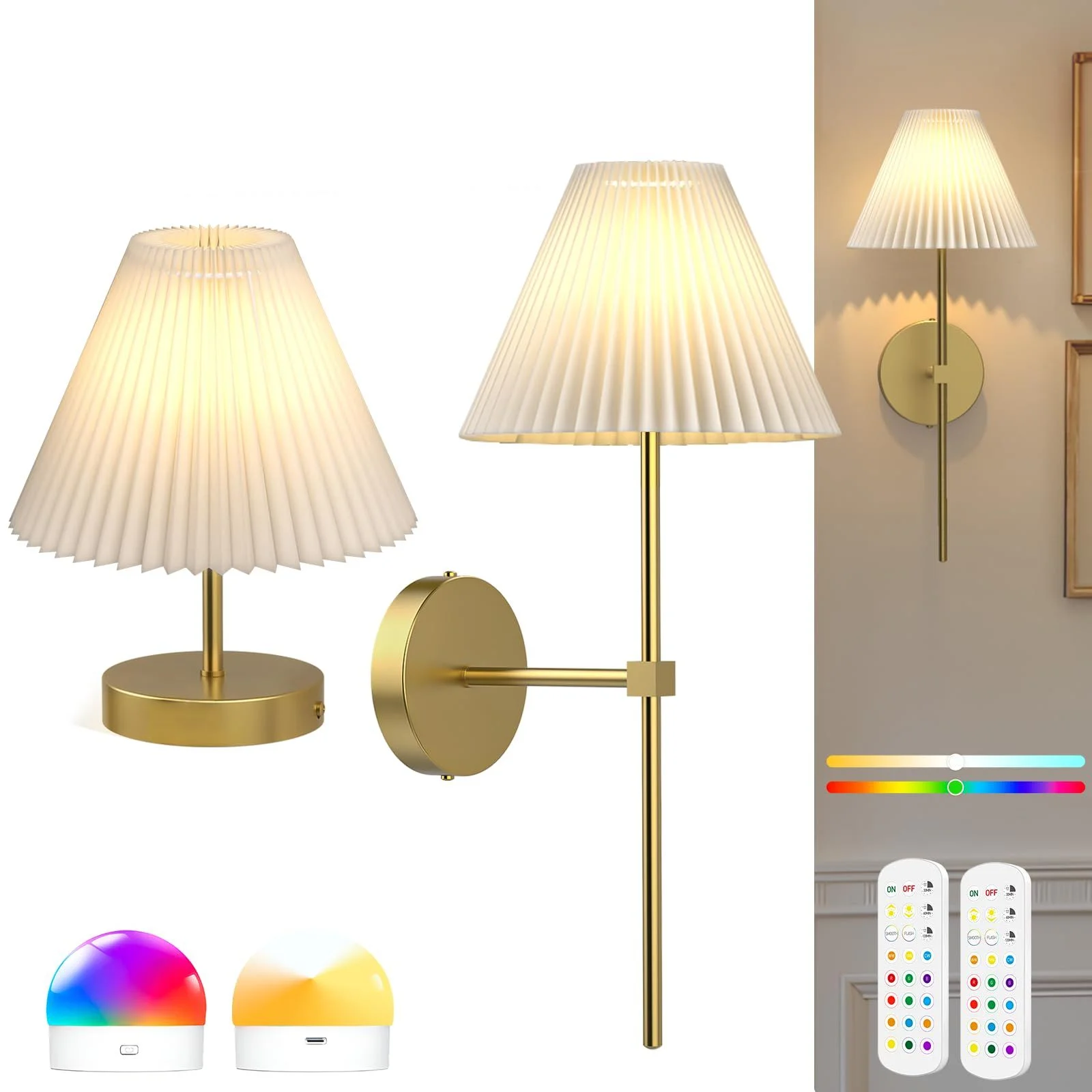 Battery Operated Wall Sconces Set of 2,Gold Rechargeable Wall Lights with Remote,3000mAh Dimmable 3 Timer Magnetic Bulbs,Indoor Wireless Lamps for Bedroom Living Room Hallway Bathroom