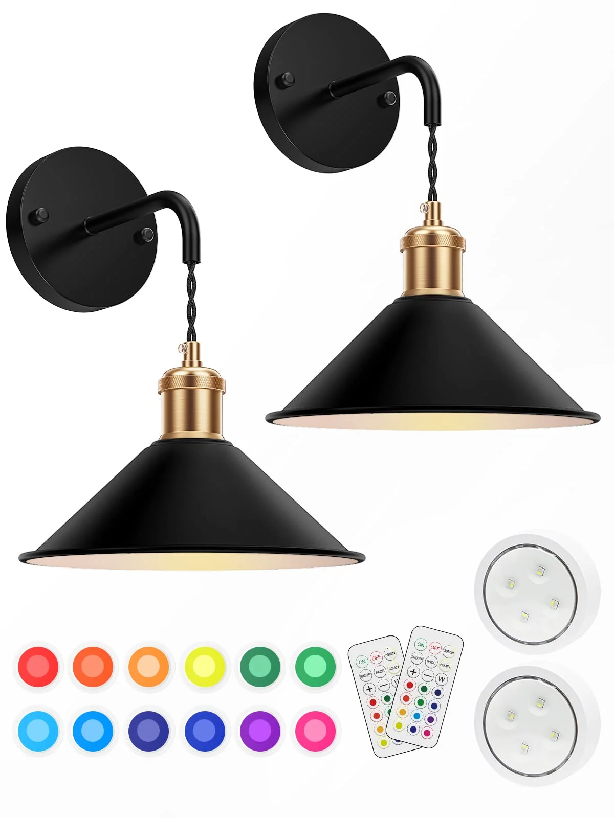 Battery Operated Wall Sconce, Wireless Wall Lights Set of 2, 13 RGB Colors Dimmable Battery Powered Wall Lamp with Remote Memory Function Auto Timer for Bedroom Living Room Hallway