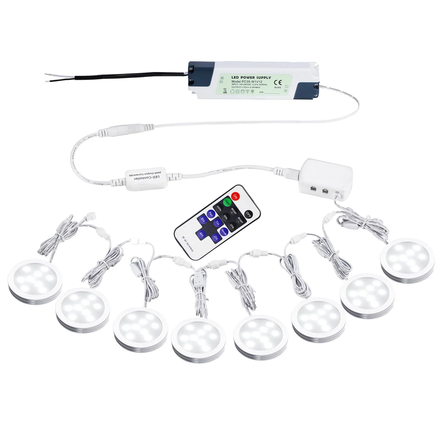 Linkable Under Cabinet LED Lighting 12V Slim Aluminum Dimmable Puck Lights Direct Wired with RF Remote Control for Kitchen Lighting(8pack Daylight White)