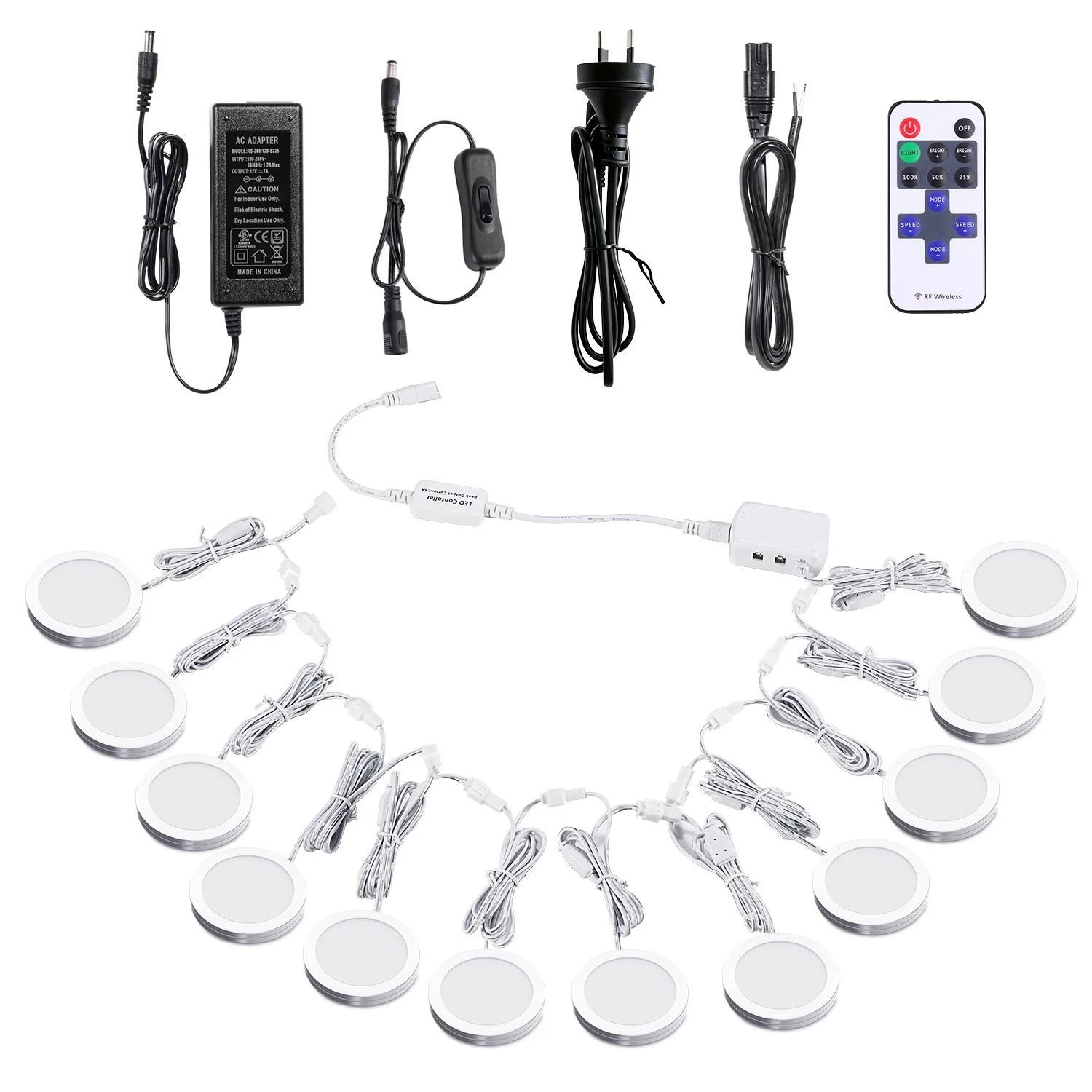 Linkable Under Cabinet LED Lighting 12V Dimmable Puck Lights with Wireless RF Remote Control, Hardwired & AU Wall Plug in for Kitchen Mood Lighting (4000K Natural White, 12 Lights Kit)