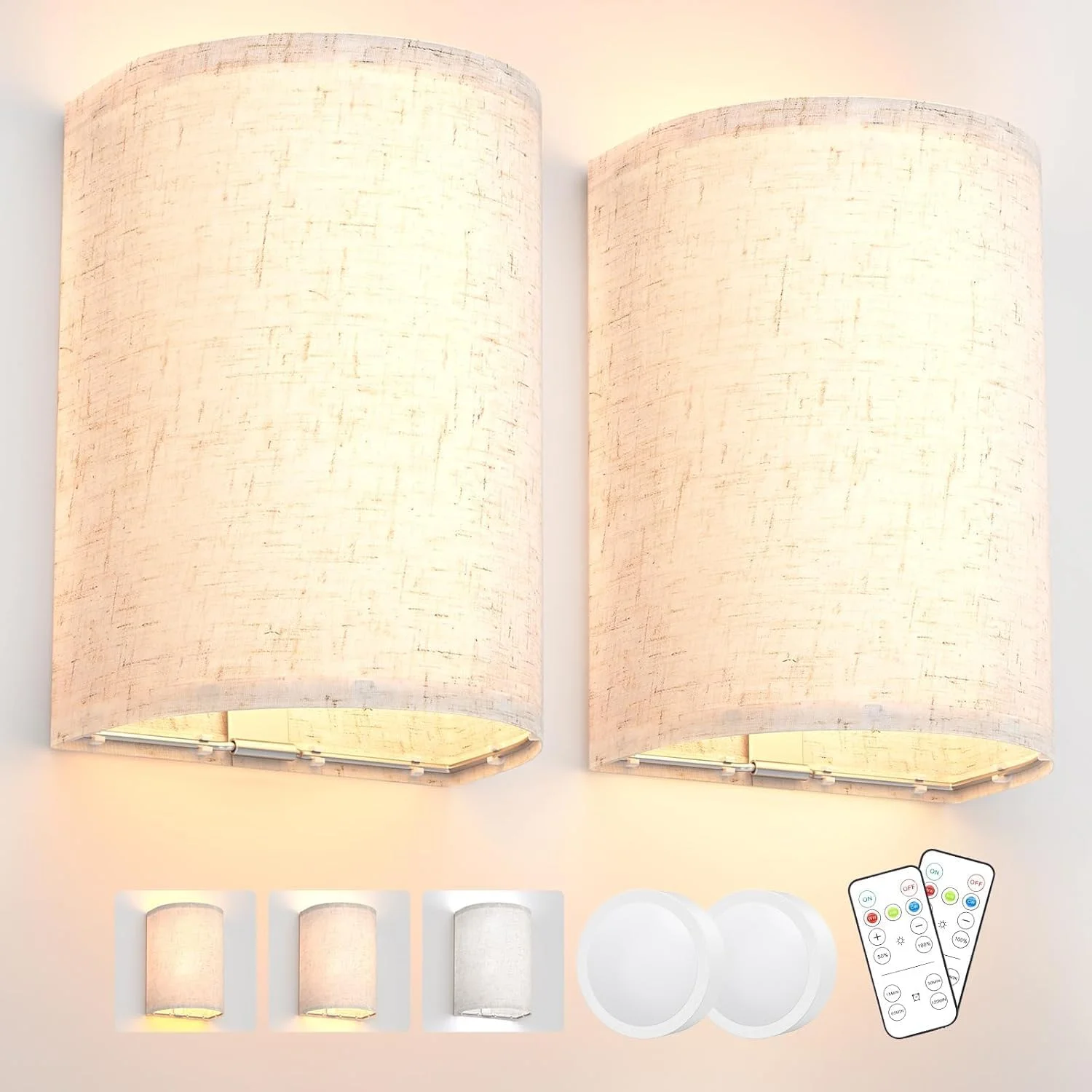 Battery Operated Wall Lights,2 Pack Wall Light Decor with Remote Control,3 Colors Dimmable Fabric Shade Wall Lamps,Wireless Sconce Wall Lights for Farmhouse Sconces Wall Lighting 2700K-6000K