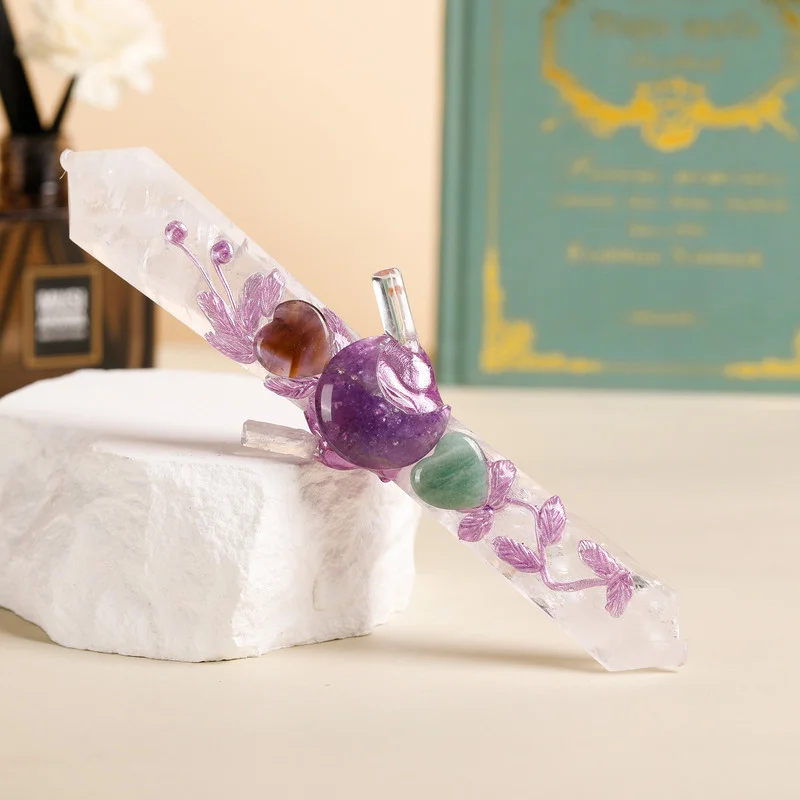 Handmade Crystal Wand Natural Stone Scepter Raw Gemstone Magic Wand Healing Tool White Crystal B