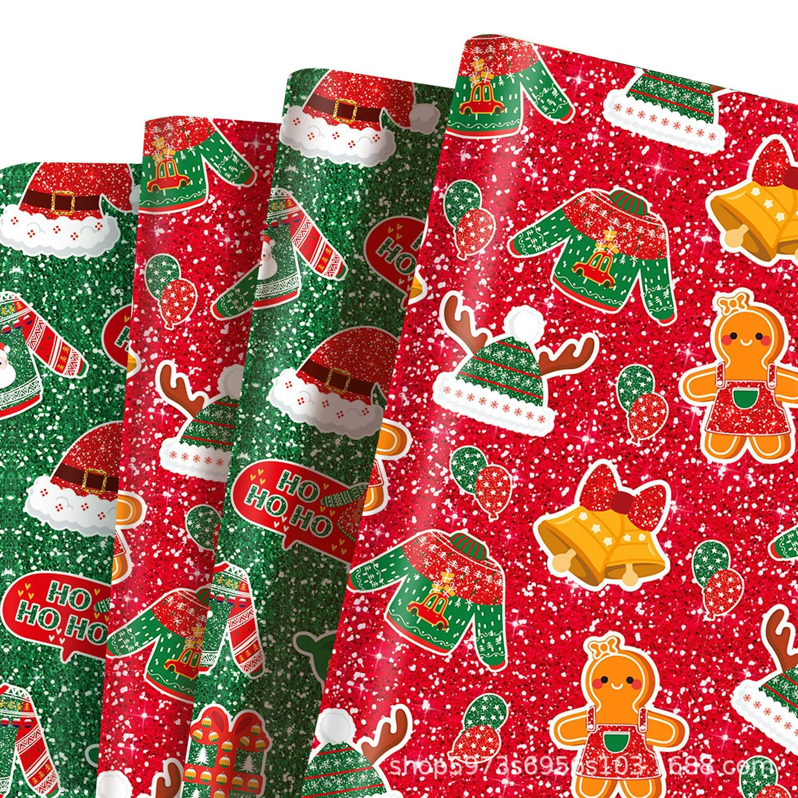 Gift Wrapping Paper Style WZ025 - Red & Green Reindeer & Gingerbread Man Design (12-Sheet Set)