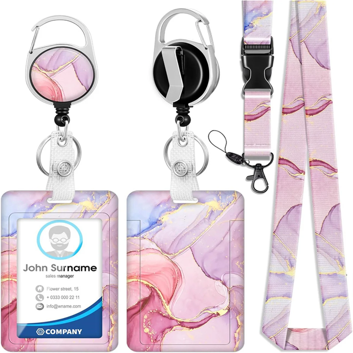1pc card holder, pink marble-patterned tag, badge scroll, retractable easy-pull buckle, detachable lanyard