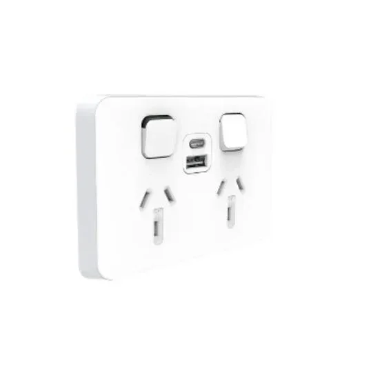 Clipsal GPO Switched Outlet Flush Mount 2 Gang 10A 250V Horizontal 1 Extra Switchx2 USB Charger A and C Vivid White | 3025USBACVW